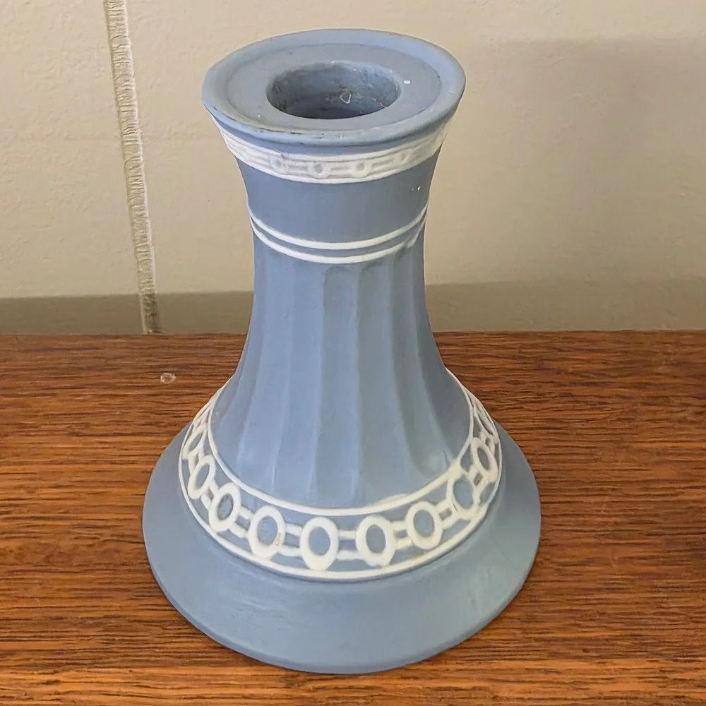 Enterprise Exclusive Blue Jasperware Style‎ Candle Holders & Avon Vase Set 3pc
